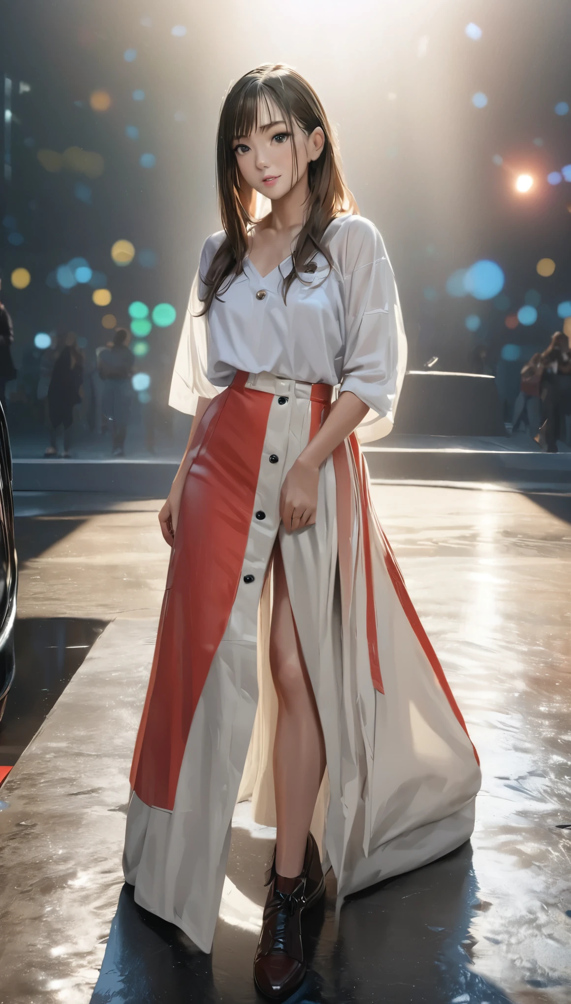 anime:1.5, ((A beautiful woman, female model and stylish modern clothes, full length portrait catwalk, camera flash, elegance, glamour : 1.5)), (Best Quality, 4k, 8k, High resolution, masterpiece: 1.2), ultra detailed, (realist, photo realist, photo realist : 1.37), HdR, HD, studio lighting, Ultra fine paint, sharp focus, Physically based representation, extremely detailed description, professional, vivid colors, bokeh, dramatic lighting, cinematographic composition