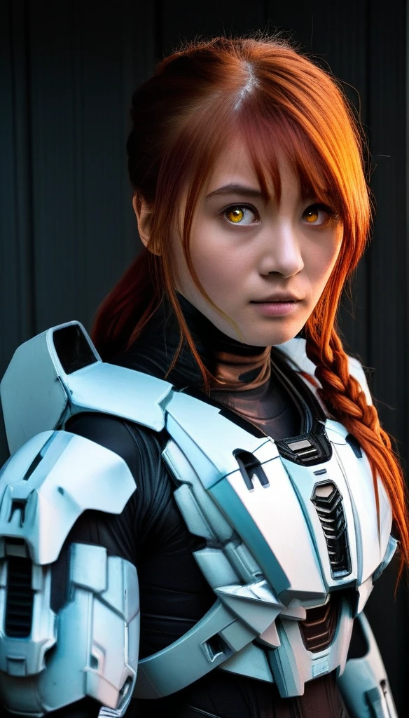 1 Girl、((glowing eyes, red eyes)), Medium Bust、solo、red Hair、Braid、Mobile Race Suit、Shoulder Armor、ceiling、Wide Shot、Looking Ahead、zipup suit 、Closed Mouth、Highest quality、medium quality、22 years old、Mobile Trace System、cockpit、Asian、CyborgCosplay RosamundPikeSDXL
