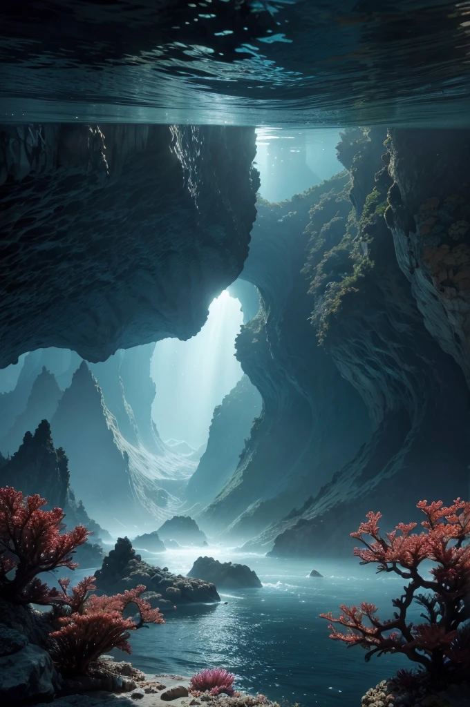 "Create a breathtaking and detailed underwater scene featuring majestic oceanic mountains. Show towering volcanic peaks rising dramatically from the ocean floor, with rugged, textured surfaces and complex formations. The water should be crystal-clear, revealing the full scale and intricacy of these submerged giants. Use soft, diffused lighting to highlight the mountains and create a captivating interplay of light and shadow. Illustrate dynamic ocean currents flowing around the peaks, with flowing patterns in the water that enhance the scene's movement and depth. Populate the area with a diverse array of marine life, including vibrant corals, schools of colorful fish, and graceful sea creatures interacting with the currents. Add sunlight filtering through the water, creating shimmering beams that accentuate the grandeur of the mountains and the dynamic nature of the underwater environment. Emphasize the awe-inspiring scale and mysterious beauty of these underwater landscapes, evoking a sense of exploration and wonder."