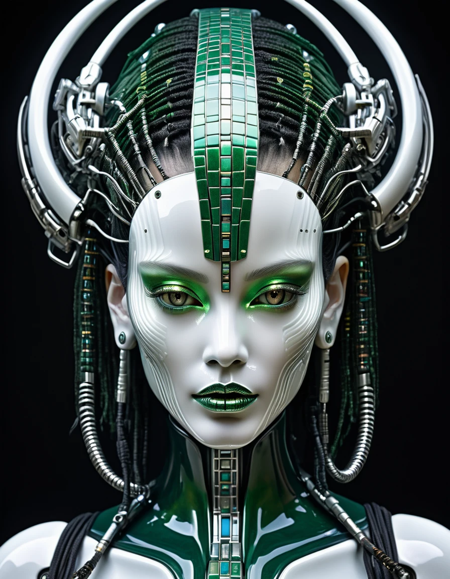 A remarkable biomechanical entity resembling an alien cyborg woman, featuring a stunning silver metallic head and glossy chinese porcelain dark green and white & all covered by small colorful rectangle tiles, face equipped with a high-tech device and black hair styled in dreadlocks, reminiscent of H.R. Giger and Flora Borsi's work. This is the portrait of a cyborg queen, a fusion of girl and alien, a sci-fi woman's visage, a detailed cyborg portrayal, a female face of cybernetic machinery,HDR,32k