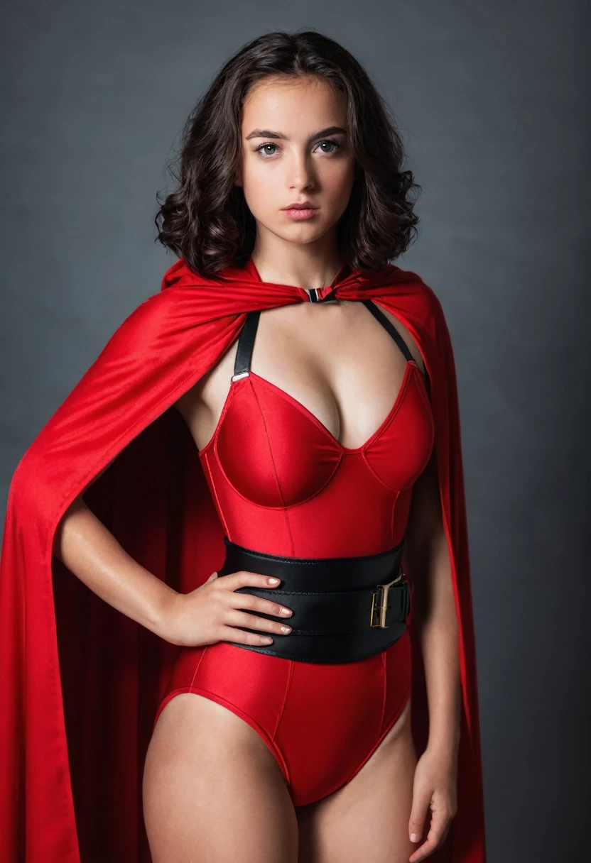 A young superheroine wearing a red swimsuit, a black waist belt, and a long red cape. Confident pose. Looking at the camera. Worried expression.