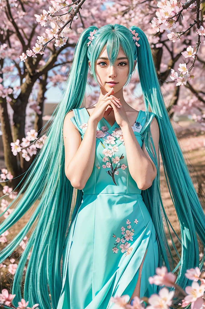 Hatsune Miku, , long blue twin tails, green eyes, detailed facial features, beautiful detailed eyes, beautiful detailed lips, extremely detailed face, longeyelashes,  figure, standing pose, school background, outdoors, cherry blossom trees, sunlight, vibrant colors, soft lighting, photorealistic, 8k, best quality, intricate details, anime style, digital art
