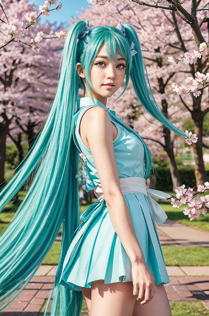 Hatsune Miku, , long blue twin tails, green eyes, detailed facial features, beautiful detailed eyes, beautiful detailed lips, extremely detailed face, longeyelashes, figure, standing pose, school background, outdoors, cherry blossom trees, sunlight, vibrant colors, soft lighting, photorealistic, 8k, best quality, intricate details, anime style, digital art