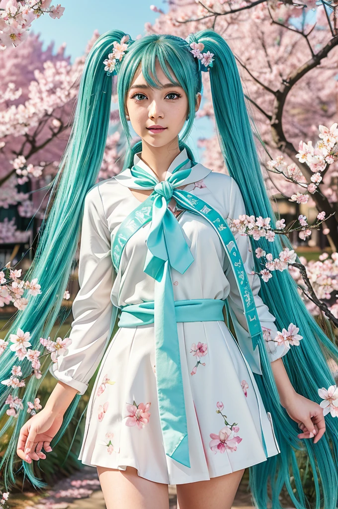 Hatsune Miku, , long blue twin tails, green eyes, detailed facial features, beautiful detailed eyes, beautiful detailed lips, extremely detailed face, longeyelashes, figure, standing pose, school background, outdoors, cherry blossom trees, sunlight, vibrant colors, soft lighting, photorealistic, 8k, best quality, intricate details, anime style, digital art