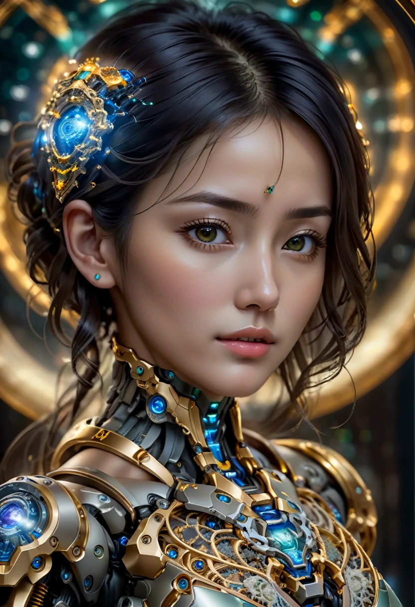 an award winning photograph of a beautiful woman, halo, intricate cyberpunk robot, highly detailed, soft bokeh Deep space nebula background, art by mooncryptowow and popular science   