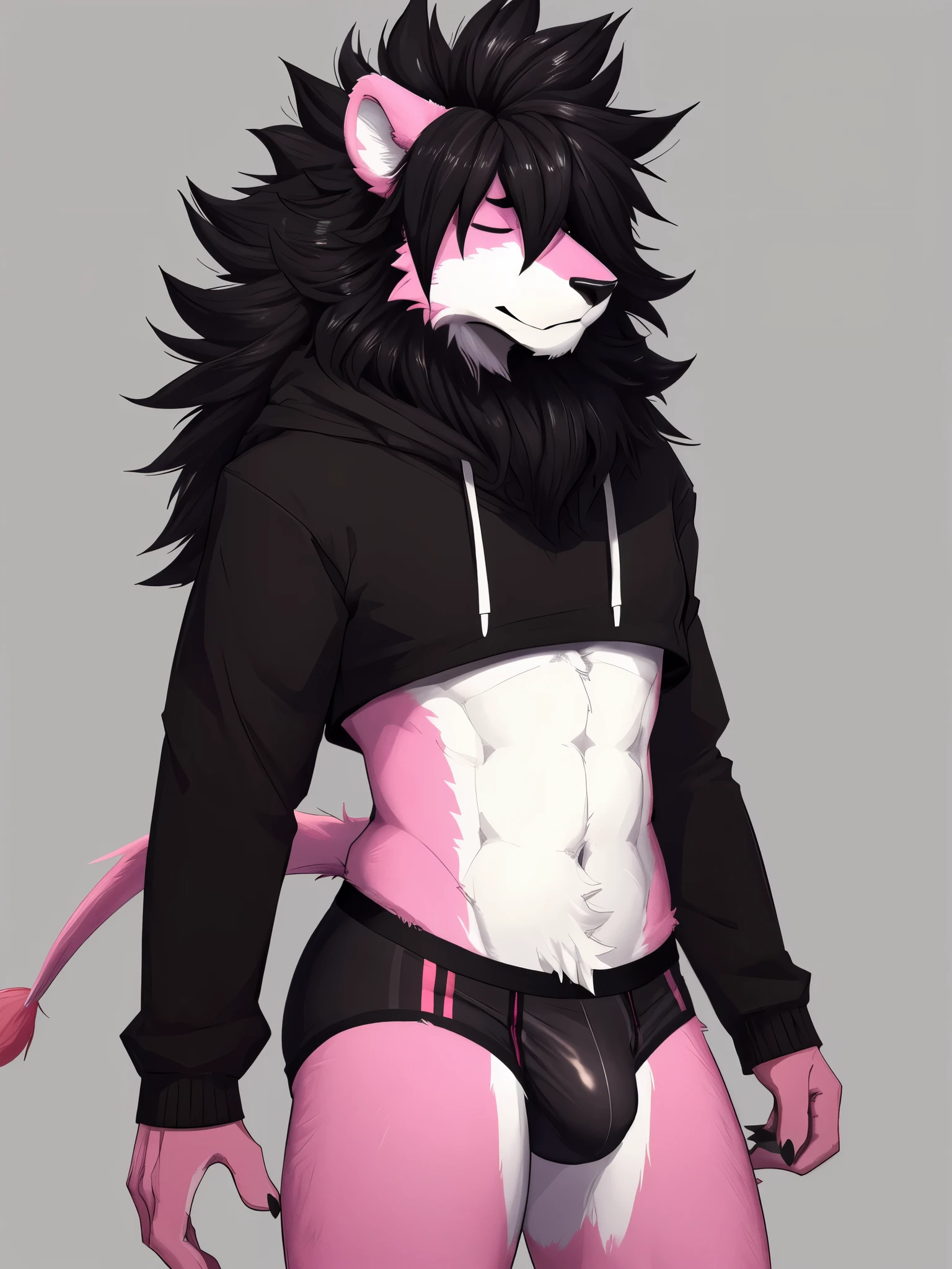 score_9, score_8_up, score_7_up, score_6_up, source_furry, rating_explicit, anthro, male, lion, (((pink fur))), (((pink body))), (((white belly fur))), white belly, (((black hair))), (((black mane))), (((hair covering eyes))), hair covers eyes, emo hair, (((large hair))), (((large mane))), fluffy hair, fluffy mane, (((black neck fur))), fluffy neck fur, large neck fur, black cropped hoodie, black crop top, underwear, briefs, bulge, standing, masterpiece, 4k, highly detailed, soft shading, beautiful, kemono
