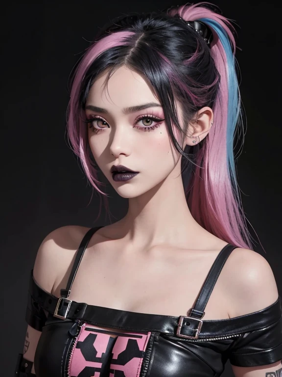 A rebellious punk girl with a striking hairstyle featuring black lips and black hair with pink streaks. The image captures her edgy look in a moody indoor setting. Her dark and vibrant appearance contrasts beautifully against the subdued background, showcasing her unique style and personality. The high-definition image skillfully showcases every intricate detail of her bold makeup and colorful hair, making her presence stand out with a sense of fierce individuality.