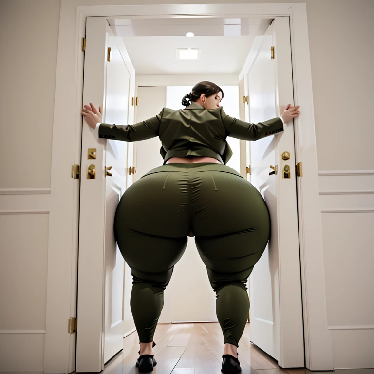 masterpiece, 1girl behind a doorway, from behind, (doorstuck, stuckback:1.3), ssbbw ,huge wide hips, round belly, thick thighs, giant butt,colorful clothing, wearing a olive green suit and tie and formal pants, upset, desperately trying to wiggle through, she tries to free herself but she won't budge, she is stuck tight view from behind, she is too wide, the doorway is quite narrow too, she kicks her legs furiously, trying to wiggle her hips through the small door, but its no good, the door is too small, she keeps trying to squeeze through with frustration, she is stuck too tight