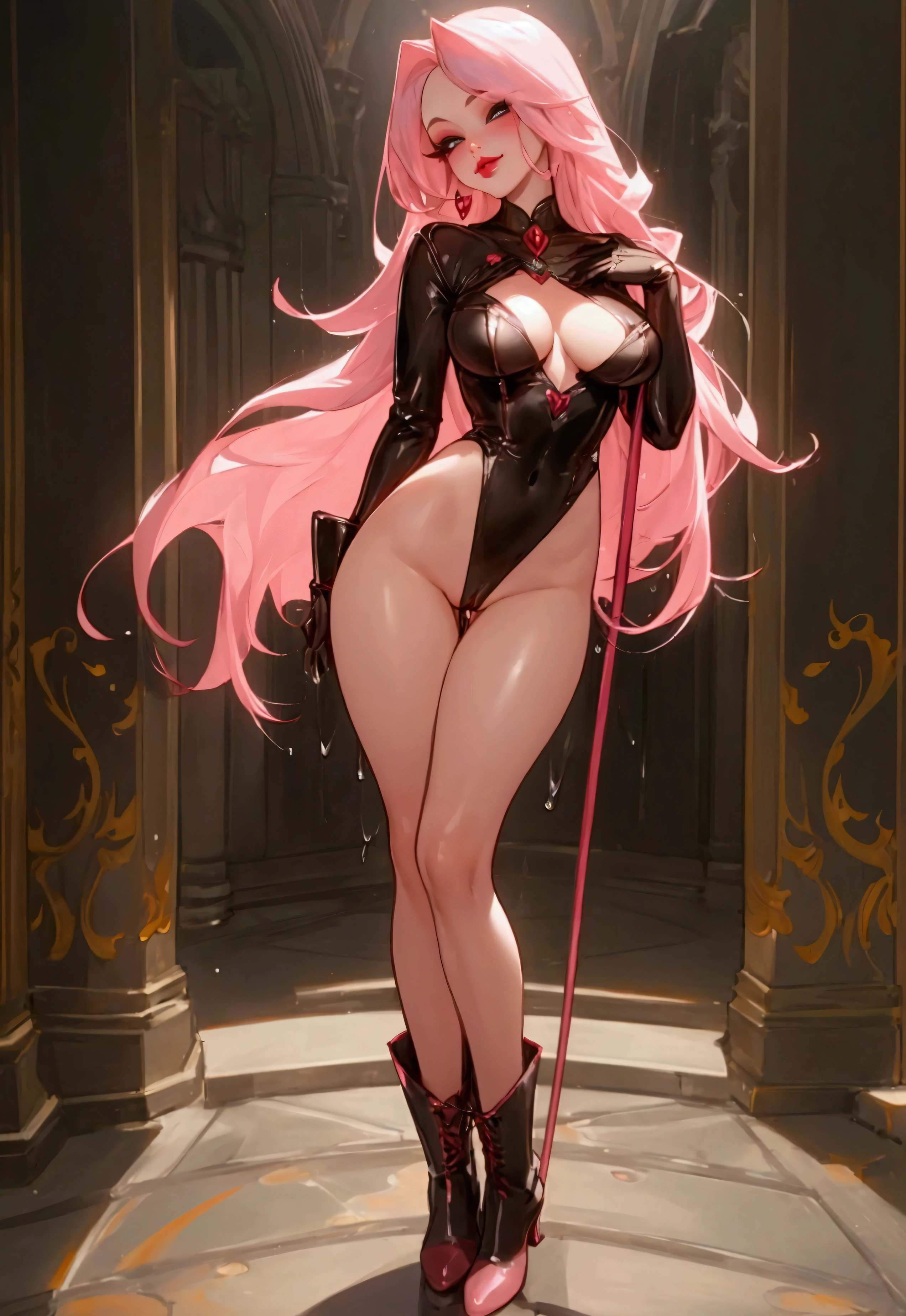 1girl,a stunning porn model, (masterpiece, detailed background, best quality), long shiny hair, light pink hair with light highlights,smirk smile,juicy lips, dark red lips, medium breasts, perky breasts, shaved pussy, wet pussy, dripping, long legs, large combat-boots, standing widespread, calmart, sex toy, stripping, elegant makeup sultry look, seductive,