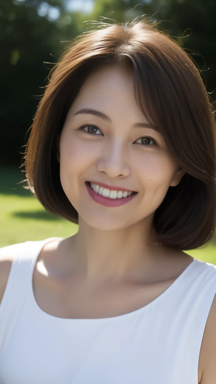 Standing in the park, Wrinkles around the eyes, Smiling with teeth showing, Plain short-sleeved clothing, senior citizen, Draw lips correctly, Red lipstick, No discomfort, 16K, Highest quality, Very detailed, Realistic, Very detailed肌, (Japanese), (alone), 100 years old, Large Breasts, , Glamour, sexy, Chromo White Skin, Staring straight ahead,
