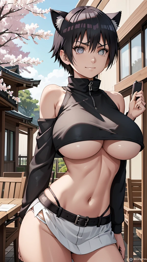 masterpiece， The best quality at the best.， 1 girl， Hinata Hyuga， big breasts，Off the shoulder clothing，Sexy servant，Is shy，smile，with black hair， long black hair， （White gray eyeballs:1.4)， forehead protection， The cherry trees，Flying cherry blossoms，gray clothes. big tits, bare and muscular abdomen. scantily clad, bare tits. fur. tender, neko kawai cat ears. Ahegao, scantily clad. Wearing a crop top that covers half of her , loose and big but short top, loose top half tits cover. Posing, shy. Sexy perfect female body. underboob, underboob, underboob. fur, fur, fur. Collar protector banda de tela y metal