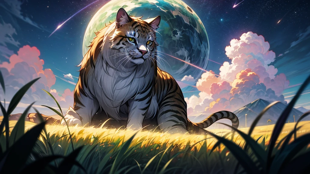 A big cat! sitting in the middle! of a field!, a big cat, clouds around the cat, no people, landscape, anime, clouds, cuteness, pink clouds, milky way, milky way in the sky, milky way visible, many stars, green field, ate in flowers, field, many plants,