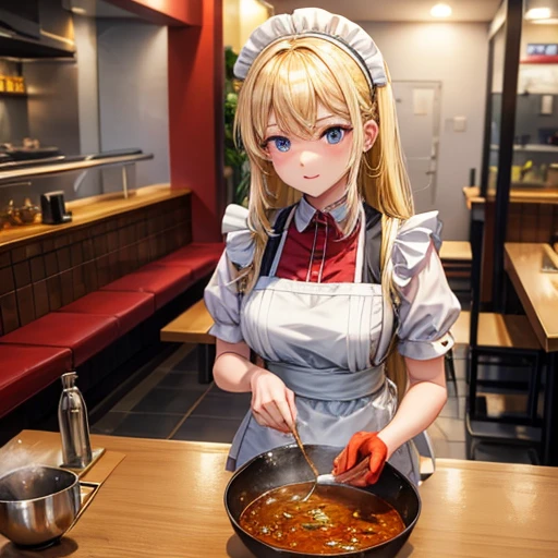 A woman in a maid outfit making curry at a curry restaurant Blonde