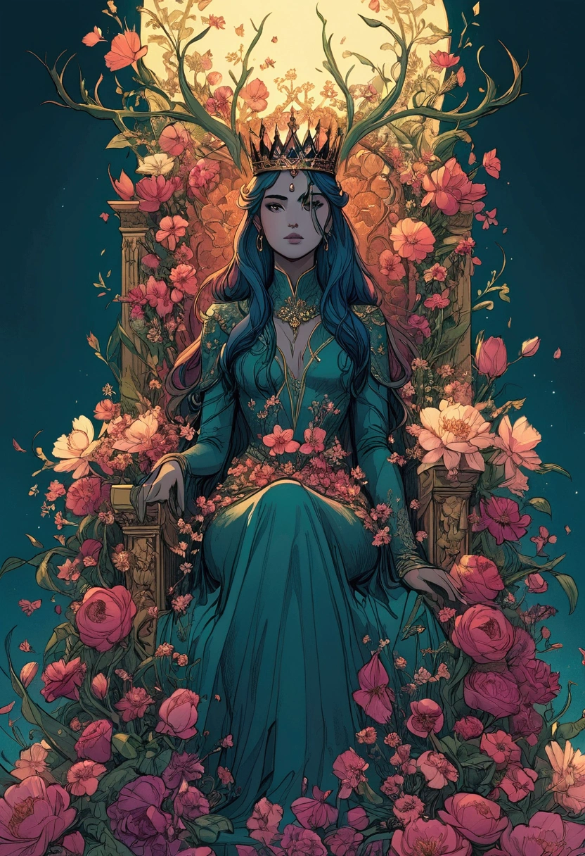a close-up of a woman sitting on a throne with flowers, queen of flowers, e Mumford Tom Bagshaw, queen of flowers, style of charlie bowater, goddess of flowers, she has a crown of flowers, detailed cover art, in style of charlie bowater, Charlie Bowater art style, sitting on the intricate throne, por Ryan Yee, Charlie Bowater rich, deep colors