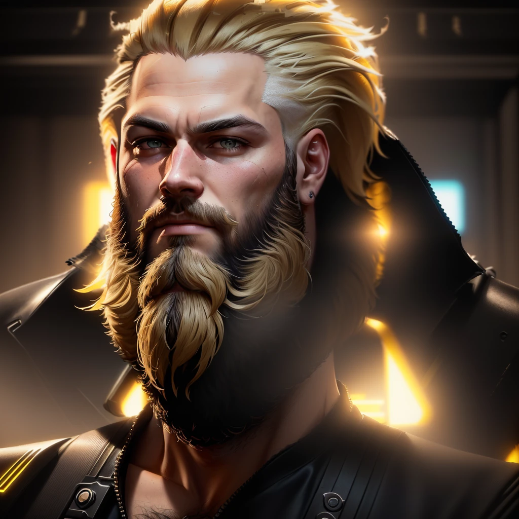 a man with a beard, neck beard, almost brown blonde, 32 years old, full beard, small beard, with small beard, short beard, (best quality, 4k, 8k, high resolution, masterpiece: 1.2), Cyberpunk lighting 2077, dramatic lighting, Cyberpunk 2077 style