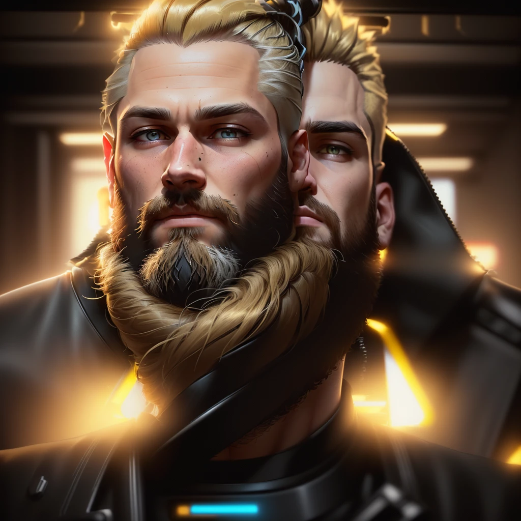 a man with a beard, neck beard, almost brown blonde, 32 years old, full beard, small beard, with small beard, short beard, (best quality, 4k, 8k, high resolution, masterpiece: 1.2), Cyberpunk lighting 2077, dramatic lighting, Cyberpunk 2077 style