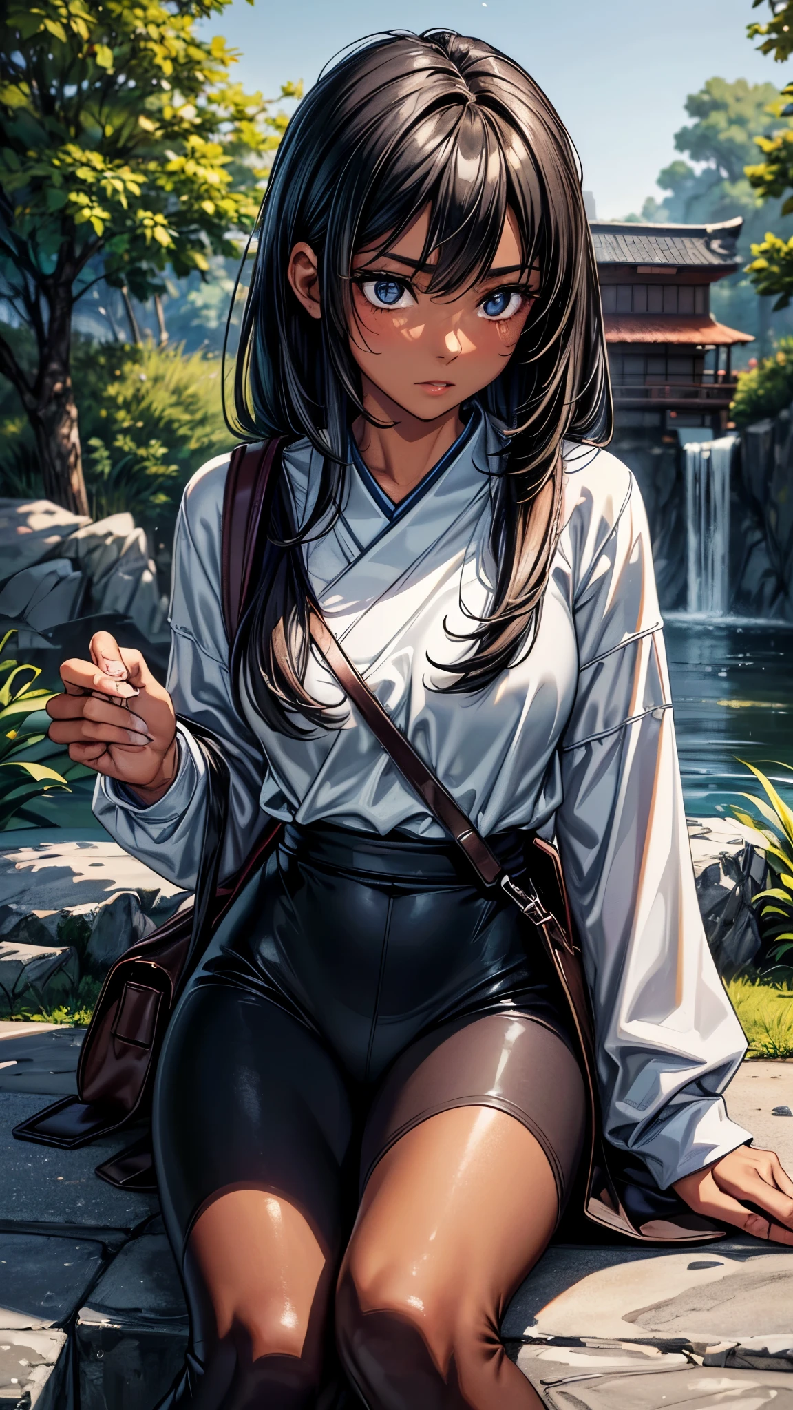 ((look away2.0)),((face close up)),beautiful detailed eyes, beautiful detailed lips, extremely detailed eyes and face, longeyelashes, 1 Japanese girl, outside the countryside,16 years old,((dark skin color2.0)), (very short black hair),displeased,casual ((dark blue Parker)),((Five quarter spandex)),white sneaker, rucksack, walk the countryside,best quality, 4k, 8k, highres, masterpiece:1.2, ultra-detailed, realistic, photorealistic, photo-realistic:1.37, HDR, UHD, studio lighting, ultra-fine painting, sharp focus, physically-based rendering, extreme detail description, professional, vivid colors, bokeh, portraits