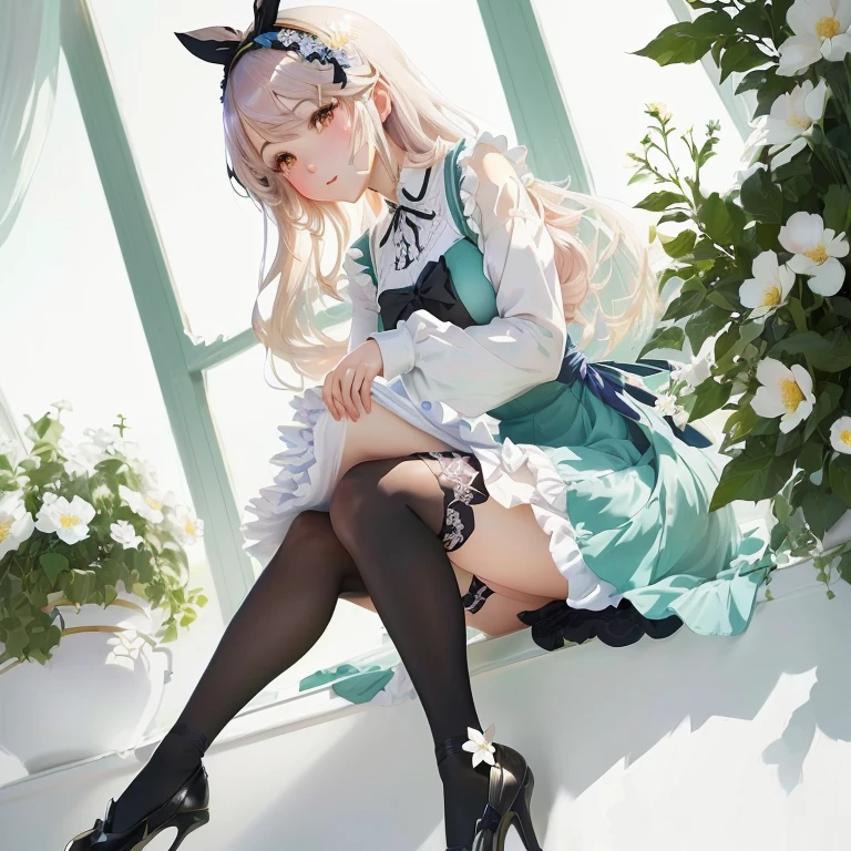 anime girl sitting on a window sill with a flower in her hand,  in dress, cute anime waifu in a nice dress, anime girl in a maid costume, maid outfit, beautiful anime girl, cute anime girl, pretty anime girl, gorgeous maid, splash art anime , (anime girl), guweiz on pixiv artstation, beautiful anime