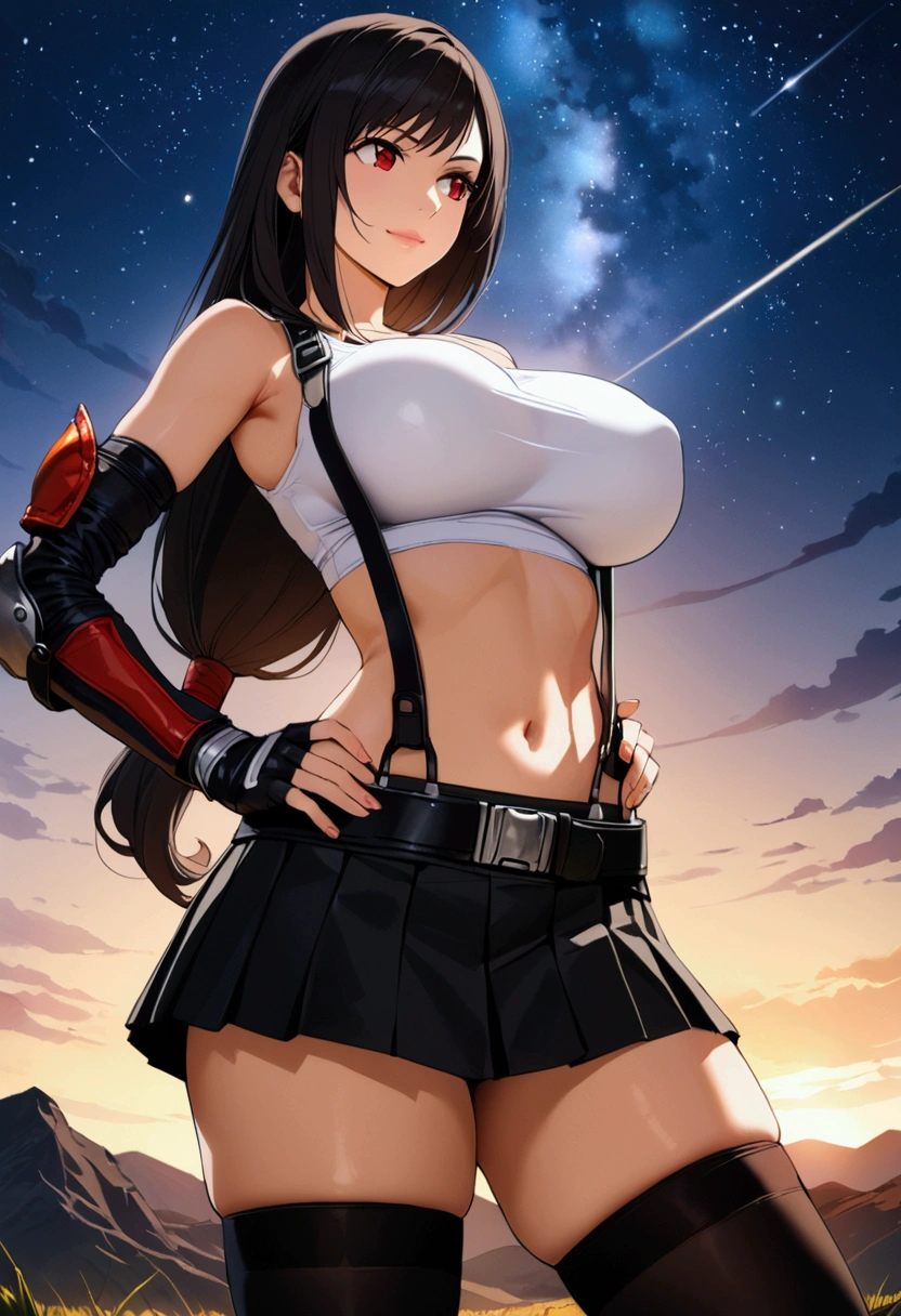 score_9,score_8_up,score_7_up,BREAK source_anime, masterpiece, best quality, (recent), perfect anatomy, very aesthetic,anime style,highres,photorealistic, mediumshot,Solo,1girl, tifa lockhart, final fantasy,black hair, low-tied long hair, red eyes, bangs, (white tank top,gap),(High exposure),the ribs,lips,,(belt, pleated skirt, thighhighs, elbow fingerless gloves, elbow pads, midriff, navel,suspenders.skirt),beautiful waist ,(large_breast:1.3),light smile,,,outdoor,star sky,night, hands on own hip,skin tight, looking away, depth of field、beautifully lit,great lighting