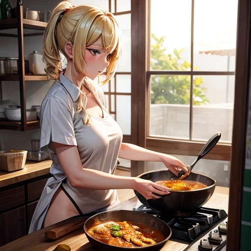 A blonde woman making chanko curry