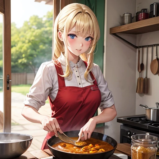 A blonde woman making chanko curry