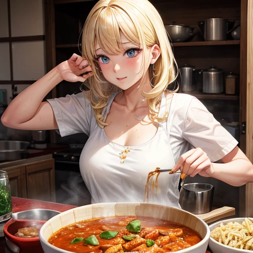 Micro bikini girl making curry risotto