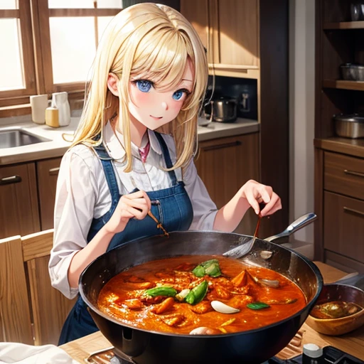 A blonde woman making chanko curry