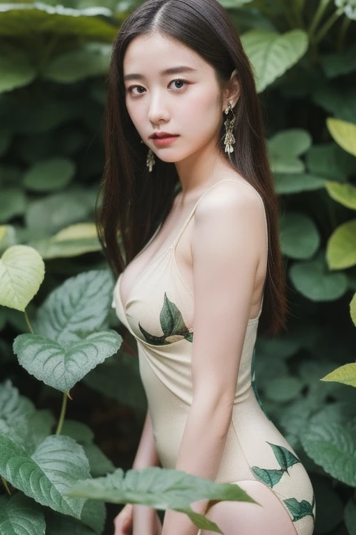 Ultra-realistic, photograph, woman, 24-years-old, Perfect body, Sexy look, Very exquisite work of art, Artgerm Style, Small breasts, To the camera, Lens 35mm, Blur the background, surrounded with plants, Beige sheer floral leotard, Flowers, Poison ivy tangled up in her arm, Venus flytrap, Sitting on a throne of leaves, giant Venus flytrap in the background, Flowers in her hair, jungleFlowers in the background, Background plants, A seductive gaze, highly A seductive gaze、Mouth half open、頭から太ももまでのphotograph、