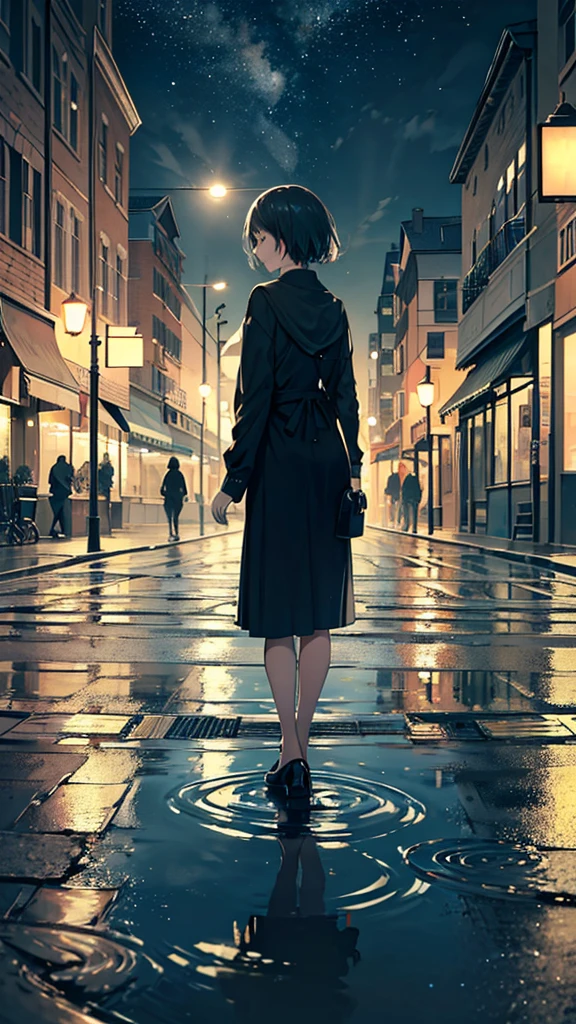 .
A large puddle of water on the street reflects the starry sky and the surrounding environment, enhancing the tranquil mood of the scene. The reflection is so clear that it almost doubles the visual experience. Streetlights and traffic signals are dimly lit, contributing to the soft, ambient lighting. The overall composition and color palette evoke a sense of calm, quietness, and reflective solitude, perfect for capturing the beauty of a peaceful night in a small town.