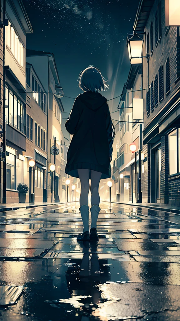 .
A large puddle of water on the street reflects the starry sky and the surrounding environment, enhancing the tranquil mood of the scene. The reflection is so clear that it almost doubles the visual experience. Streetlights and traffic signals are dimly lit, contributing to the soft, ambient lighting. The overall composition and color palette evoke a sense of calm, quietness, and reflective solitude, perfect for capturing the beauty of a peaceful night in a small town.