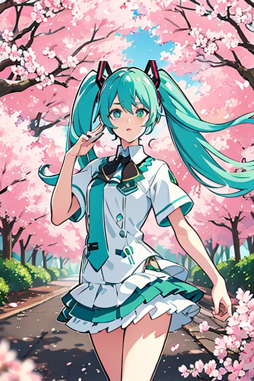 Hatsune Miku, , long blue twin tails, green eyes, detailed facial features, beautiful detailed eyes, beautiful detailed lips, extremely detailed face, longeyelashes, figure, standing pose, school background, outdoors, cherry blossom trees, sunlight, vibrant colors, soft lighting, photorealistic, 8k, best quality, intricate details, anime style, digital art