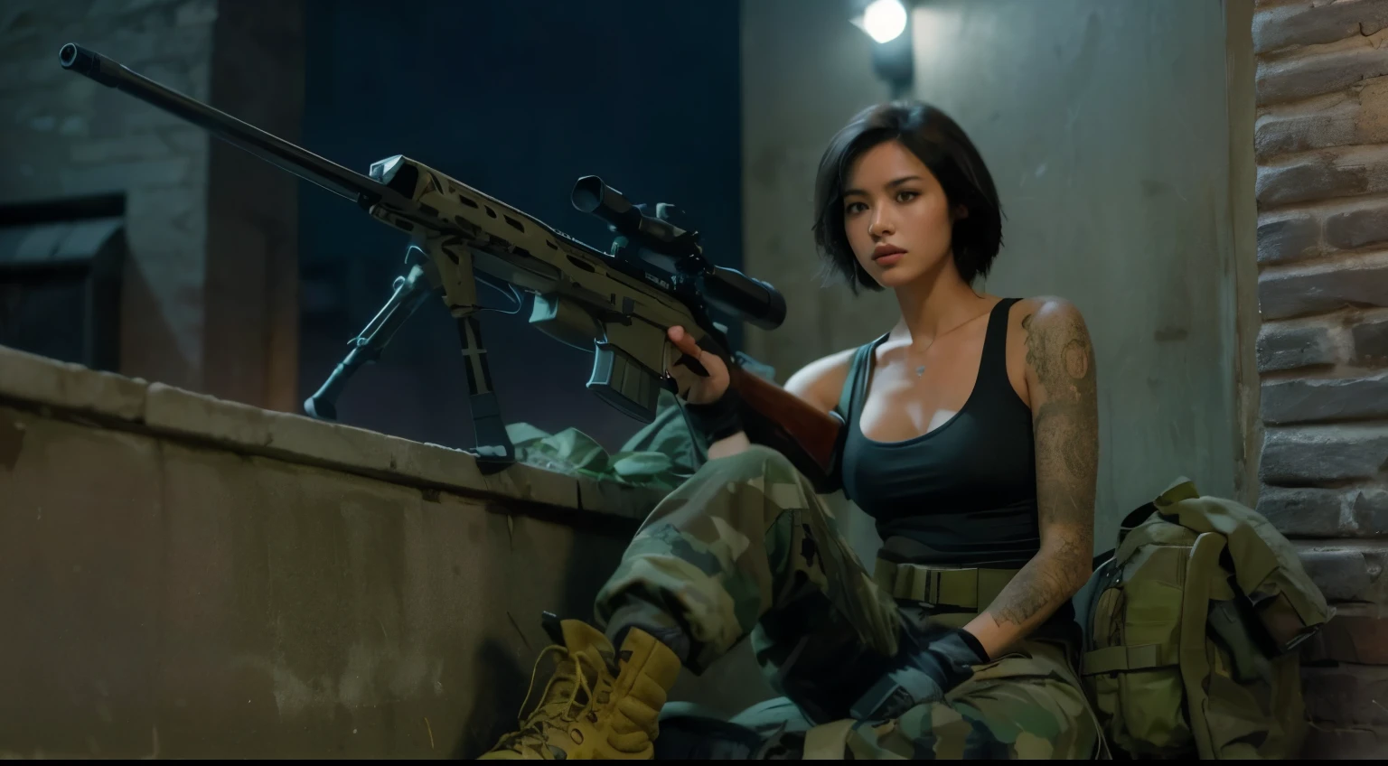 (best quality,8k,photorealistic:1.37),realistic skin texture, beautiful Japanese female marine, aiming with an assault rifle, old warehouse district by the harbor, green t-shirt, cap, braided hair, military pants, boots, dynamic pose, running along the warehouse wall, gunfight, daring assault, tattoos, getting wet in the rain, thunderstorm, toned body, muscles, anger, bold composition