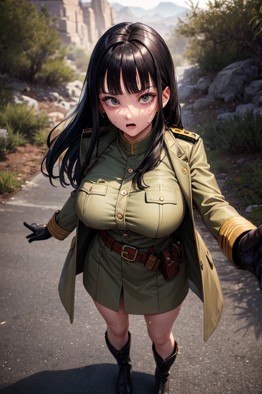 masterpiece, Highest quality,  Unreal Engine,  Super Resolution,  Very detailed, 

Beautiful woman, May, alone, uniform, Black Hair, boots, gloves, army, army uniform, Long Hair, iris, belt, coat, Black background, Simple Background, whole body, blunt bangs, bangs, Long Black Hair, Vivid expression, Healthy Body, Beautifully detailed sweat glands, Smooth skin texture, Carefully drawn,

(humidity:1.2), Beautiful Eyes, (Attractive face:1.2), (Beautiful Skin), (Big Breasts), Puffy nipples, (Sticky with sweat), In a dynamic pose,

In the world of Dragon Ball, Outdoor, In the desert wilderness