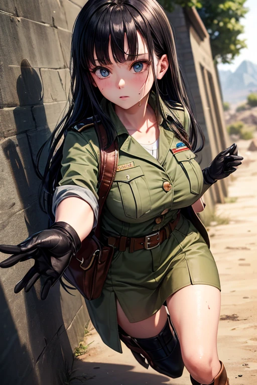 masterpiece, Highest quality,  Unreal Engine,  Super Resolution,  Very detailed, 

Beautiful woman, May, alone, uniform, Black Hair, boots, gloves, army, army uniform, Long Hair, iris, belt, coat, Black background, Simple Background, whole body, blunt bangs, bangs, Long Black Hair, Vivid expression, Healthy Body, Beautifully detailed sweat glands, Smooth skin texture, Carefully drawn,

(humidity:1.2), Beautiful Eyes, (Attractive face:1.2), (Beautiful Skin), (Big Breasts), Puffy nipples, (Sticky with sweat), In a dynamic pose,

In the world of Dragon Ball, Outdoor, In the desert wilderness