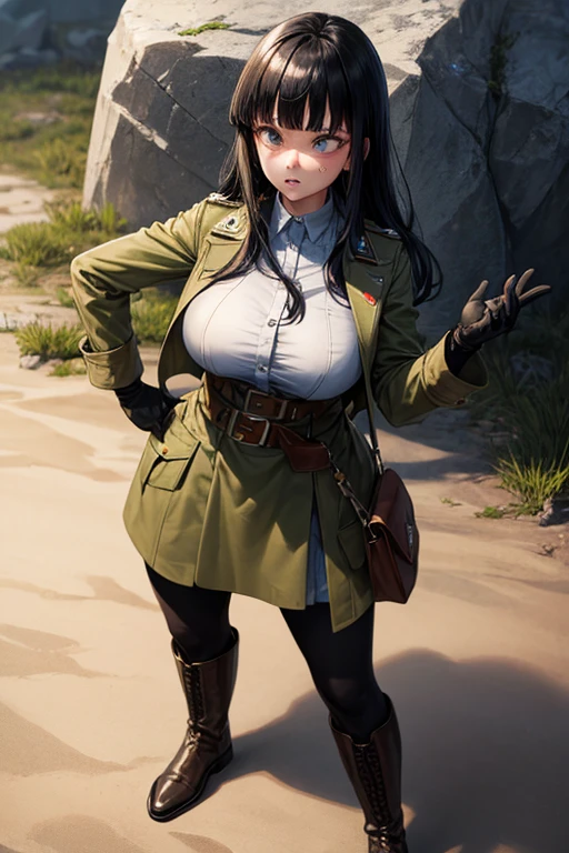 masterpiece, Highest quality,  Unreal Engine,  Super Resolution,  Very detailed, 

Beautiful woman, May, alone, uniform, Black Hair, boots, gloves, army, army uniform, Long Hair, iris, belt, coat, Black background, Simple Background, whole body, blunt bangs, bangs, Long Black Hair, Vivid expression, Healthy Body, Beautifully detailed sweat glands, Smooth skin texture, Carefully drawn,

(humidity:1.2), Beautiful Eyes, (Attractive face:1.2), (Beautiful Skin), (Big Breasts), Puffy nipples, (Sticky with sweat), In a dynamic pose,

In the world of Dragon Ball, Outdoor, In the desert wilderness