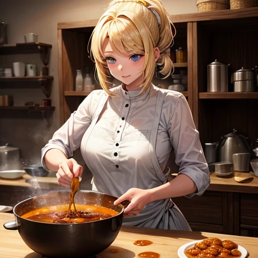 A blonde woman making chanko curry huge pot