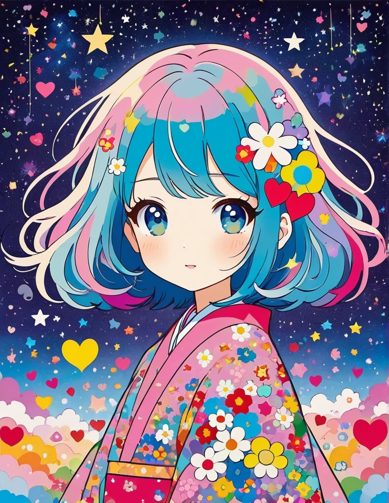 Takashi Murakami style, Simple Line Initialism，Abstract art，Kawaii Design, The most beautiful girl of all time, The background is star dust, colorful hearts,