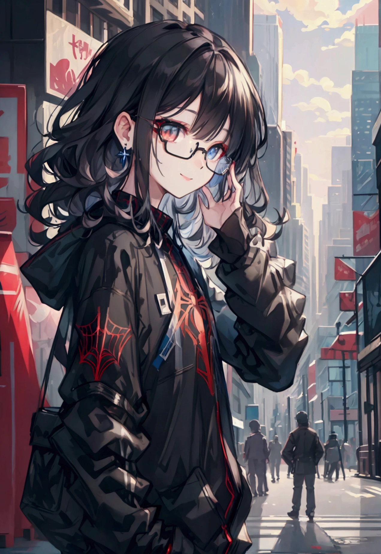spider suit, spider web print, spider web, spider-man, Masterpiece, absurd, fine details, HDR, ((highly detailed face and eyes)), photorealistic,, focus on the eyes,, standing on the roof of a skyscraper, ((without mask)), looking at the viewer, smiling, black hair, boy focus, big hair, curly hair, round glasses, earrings, , background of New York buildings,