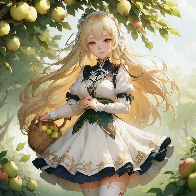 anime girl in a white dress with long blonde hair and a basket of apples, render of april, cute anime waifu in a nice dress, blonde anime girl with long hair, guweiz on pixiv artstation, cushart krenz key art feminine, a maid in a magical forest,  in dress, guweiz on artstation pixiv