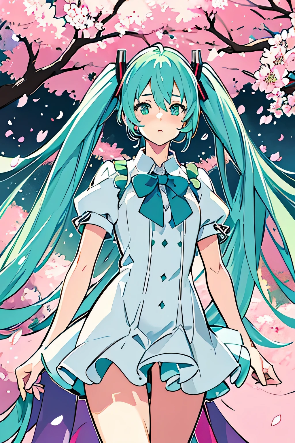 Hatsune Miku, , long blue twin tails, green eyes, detailed facial features, beautiful detailed eyes, beautiful detailed lips, extremely detailed face, longeyelashes, figure, standing pose, school background, outdoors, cherry blossom trees, sunlight, vibrant colors, soft lighting, photorealistic, 8k, best quality, intricate details, anime style, digital art