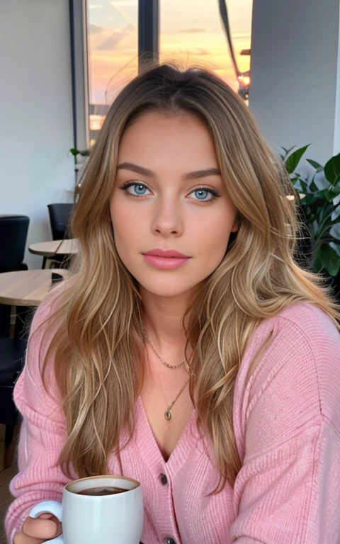 belle blonde portant un pull rose (sipping coffee in a modern cafe at sunset), very detailed, 21 ans, visage innocent, natural wavy hair, blue eye, high resolution, head of'ouvrages d'art, best quality, intricate details, very detailed, acuity, detailed skin, realistic skin texture, texture, detailed eyes, professionnel, 4K, charming smile, shot with Canon, 85mm, shallow depth of field,  Kodak Vision Color, corps parfaitement ajusté, extremely detailed, photo_\(ultra\), photorealistic, realistic, Post-traitement, maximum detail, roughness, real life, ultra realistic, photorealism, La photographie, 8k uh, La photographie