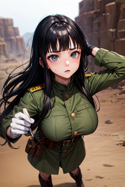 masterpiece, Highest quality,  Unreal Engine,  Super Resolution,  Very detailed, 

Beautiful woman, May, alone, uniform, Black Hair, boots, gloves, military, military uniform, Long Hair, iris, belt, coat, Black background, Simple Background, whole body, blunt bangs, bangs, Long Black Hair, Vivid expression, Healthy Body, Beautifully detailed sweat glands, Smooth skin texture, Carefully drawn,

(humidity:1.2), Beautiful Eyes, (Attractive face:1.2), (Beautiful Skin), (Big Breasts), Puffy nipples, (Sticky with sweat), In a dynamic pose,

In the world of Dragon Ball, Outdoor, In the desert wilderness