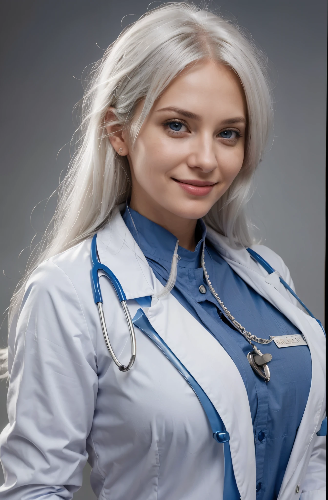 Photorealistic, high resolution, 1 Women, Solo, Hips up, view the viewer, (Detailed face), White hair, Long hair, blue eyes, doctor outfit, name tag [Eldia], mature, milf, lovely smile, beautiful smile, smiling