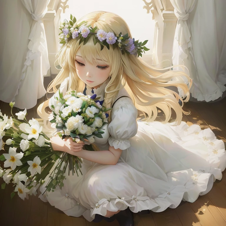 anime girl with long blonde hair and white dress holding a bouquet of flowers,  in dress, violet evergarden, blonde - haired princess, anime visual of a cute girl, portrait of lolita, lolish, with flowers, queen of flowers, beautiful maiden, she has a crown of flowers, flower queen, guweiz on pixiv artstation, official artwork