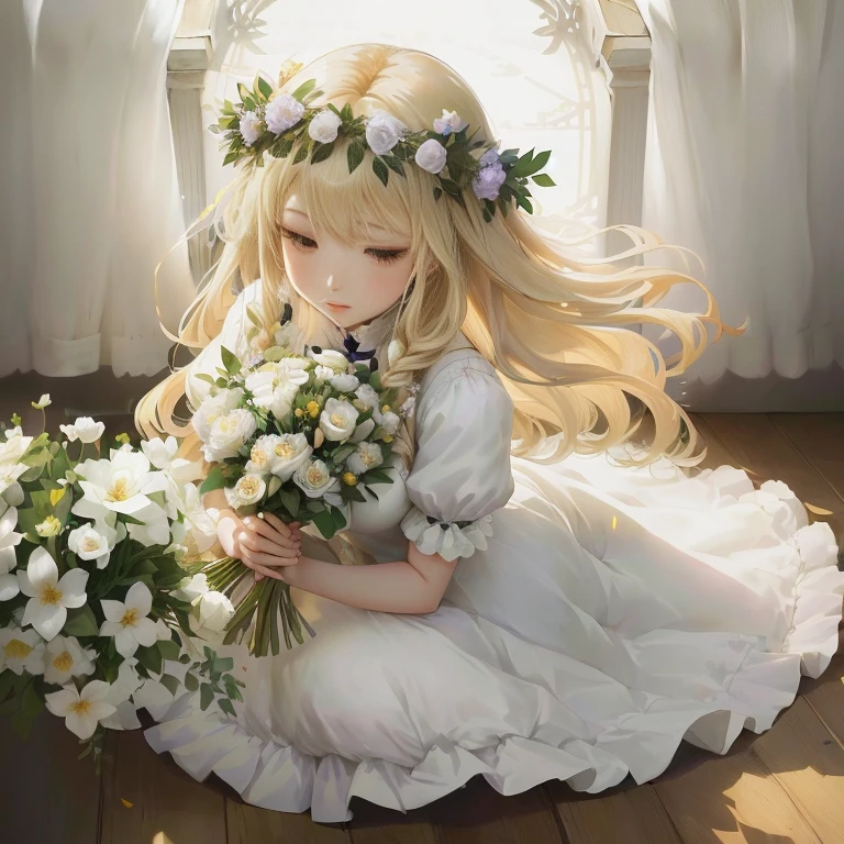 anime girl with long blonde hair and white dress holding a bouquet of flowers,  in dress, violet evergarden, blonde - haired princess, anime visual of a cute girl, portrait of lolita, lolish, with flowers, queen of flowers, beautiful maiden, she has a crown of flowers, flower queen, guweiz on pixiv artstation, official artwork