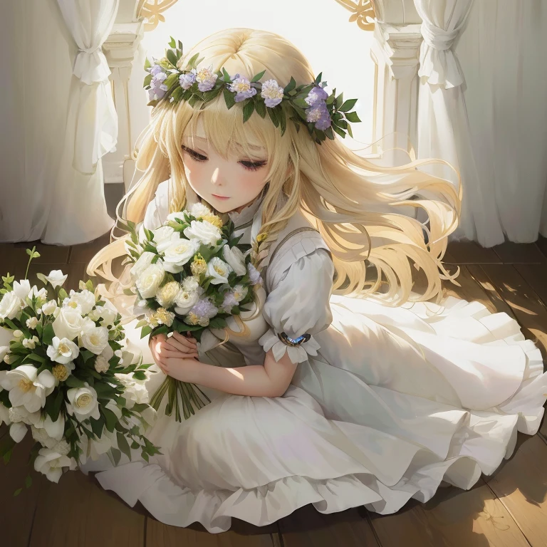 anime girl with long blonde hair and white dress holding a bouquet of flowers, in dress, violet evergarden, blonde - haired princess, anime visual of a cute girl, portrait of ta, loliwith flowers, queen of flowers, beautiful maiden, she has a crown of flowers, flower queen, guweiz on pixiv artstation, official artwork