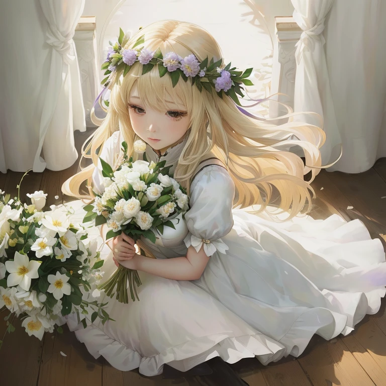 anime girl with long blonde hair and white dress holding a bouquet of flowers,  in dress, violet evergarden, blonde - haired princess, anime visual of a cute girl, portrait of lolita, lolish, with flowers, queen of flowers, beautiful maiden, she has a crown of flowers, flower queen, guweiz on pixiv artstation, official artwork