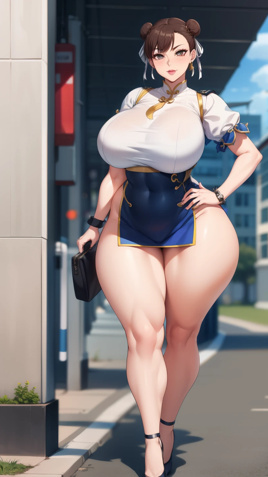 Big Breasts, Big Hips, Full Body Shot, Mature mother, Voluptuous thighs, A cow, Seductive mature woman, Perfect body, Plus Size Model, Sailor suit, Wearing high heels,Miniskirt Uniform, Chunli,