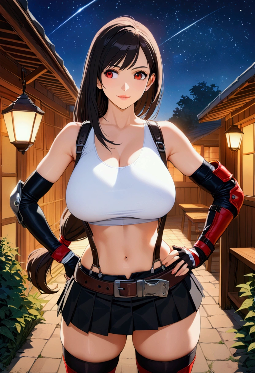 score_9,score_8_up,score_7_up,BREAK source_anime, masterpiece, best quality, (recent), perfect anatomy, very aesthetic,anime style,highres,photorealistic,　mediumshot,Solo,1girl, tifa lockhart, final fantasy,black hair, low-tied long hair, red eyes, bangs, (white tank top,gap),(High exposure)，the ribs,lips,,(belt, pleated skirt, thighhighs, elbow fingerless gloves, elbow pads, midriff, navel,suspenders.skirt),beautiful waist ,(large_breast:1.3),light smile,,,outdoor,star sky,night, hands on own hip,skin tight, looking away, depth of field、beautifully lit,great lighting　　