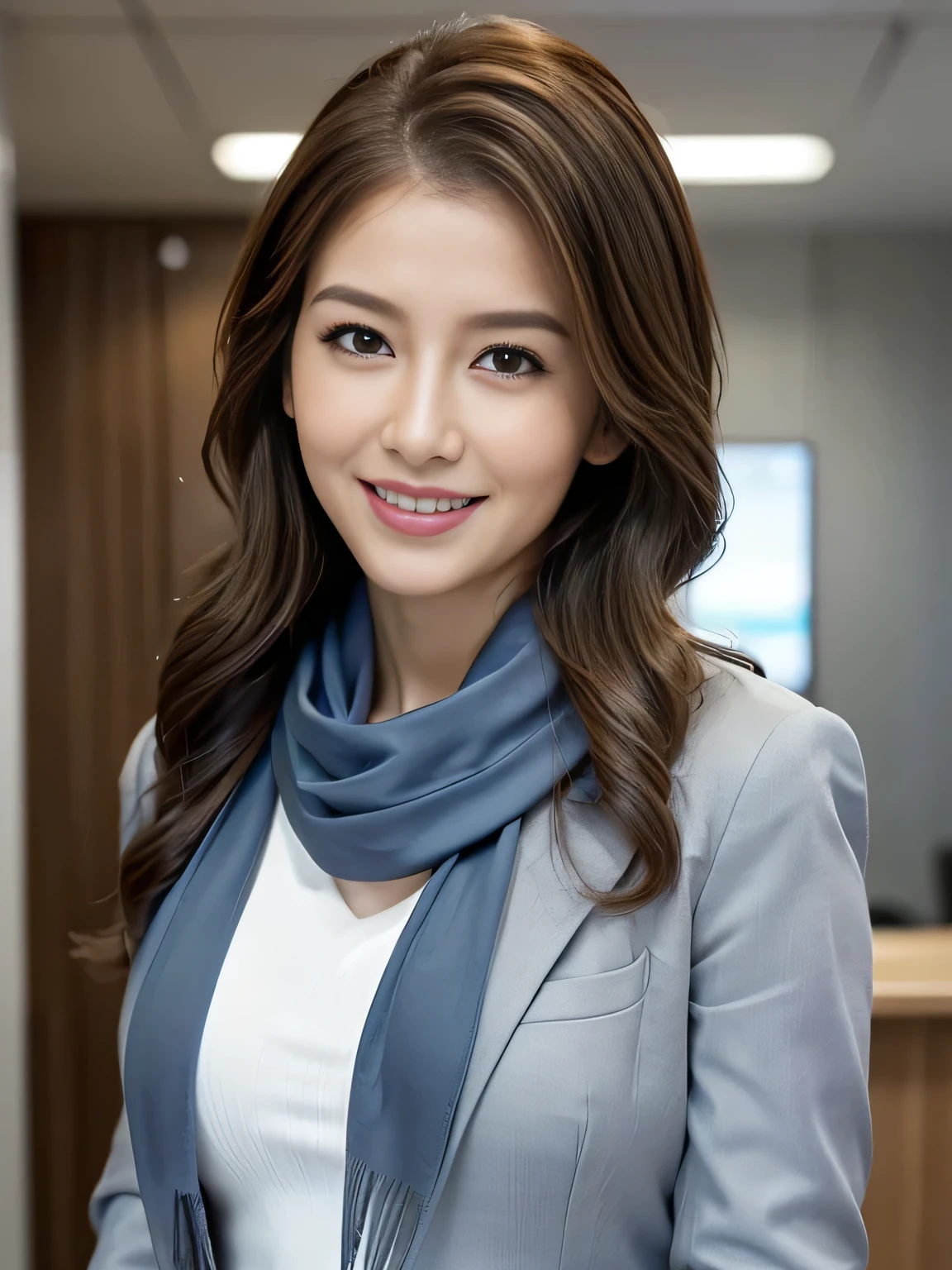 Highest quality,  High resolution, realism, Original photo, 8k wallpaper, Perfect perfection, Professional Lighting, Very detailed, beautiful woman with depth of field)), Photo from directly in front、A photo showing the crotch to the head、((A 30-year-old neat and tidy female teacher)), ((A neat receptionist)), ((Smiling face looking at the audience)), Detailed face, Beautiful Eyes, Beautiful medium sized breasts、Wide ass、Good style, (Sexy look), Hairstyles that reveal the shape of your head、Very light brown hair、All of the hair is pulled back, (Thick lips), Grey Chanel suit-like uniform、((Wearing a blue scarf))、